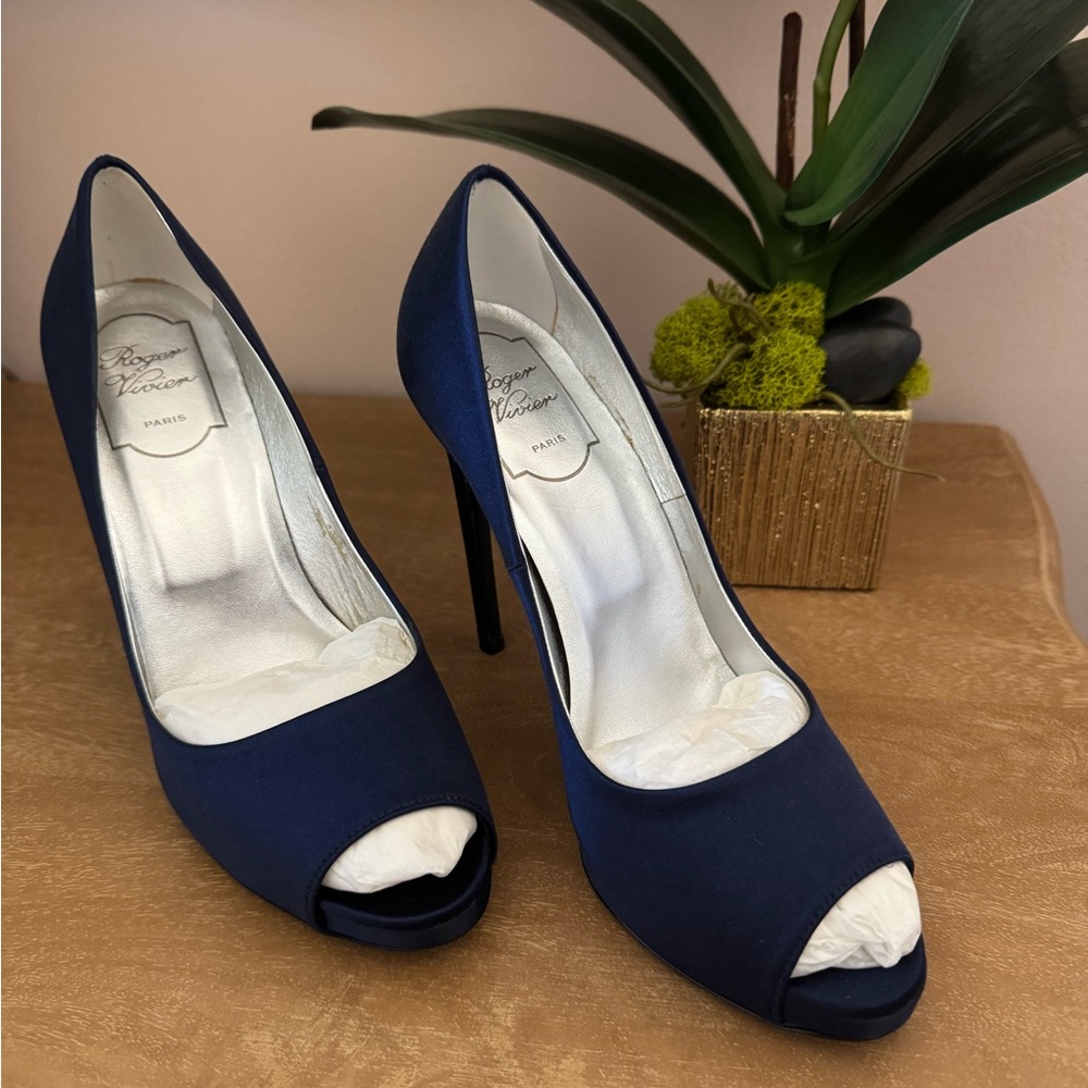 Roger Vivier Dark Navy Satin Peep Toe Stilettos